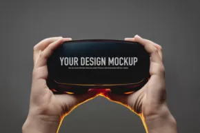 Hands holding a VR headset with a template for design mockup. - PSD Mockup