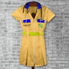 Yellow paramedic uniform template with reflective stripes hanging against a brick wall. - PSD Mockup