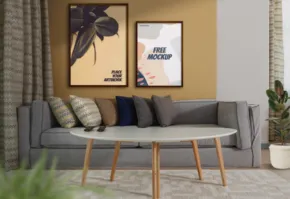 Modern living room with a gray sofa, wooden coffee table, and mockup of two framed art pieces on the wall. - PSD Mockup