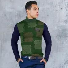 A man wearing a green camouflage mockup turtle neck sweater. - PSD Mockup