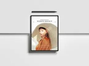 Smartphone mockup displaying a photo of a woman in a brown coat and hat on a white background. - PSD Mockup
