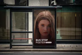 A bus stop advertisement mockup featuring a close-up of a young woman's face on a poster, with text reading "bus stop poster demo. - PSD Mockup