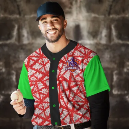 A man in a red and green baseball jersey holding a ball. - PSD Mockup