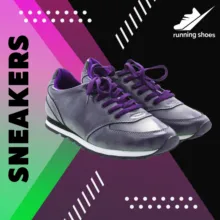 A mockup of a pair of grey and purple sneakers on a colorful background. - PSD Mockup