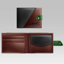 A brown and green mockup wallet with a lion on it. - PSD Mockup