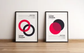 Two framed posters with red and black circles are available as a mockup template. - PSD Mockup