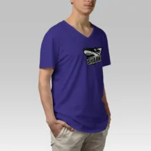 A man wearing a purple v-neck t-shirt, template. - PSD Mockup
