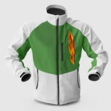 A green and white mockup jacket with a flame on it. - PSD Mockup