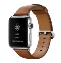 An apple watch with a brown leather band template. - PSD Mockup