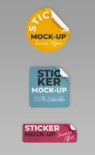 A set of sticker mockups on a grey background template. - PSD Mockup