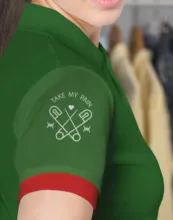 A woman wearing a green and red polo shirt template. - PSD Mockup