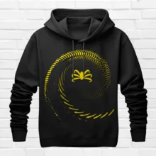A black hoodie with a yellow spiral design, available as a mockup template. - PSD Mockup