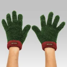 A pair of green and red fuzzy gloves on a white background, perfect for creating a template or mockup. - PSD Mockup