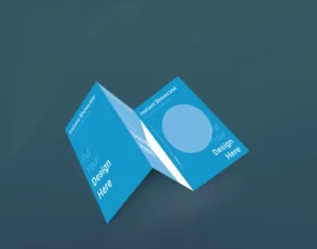 A blue tri-fold brochure mockup on a dark background. - PSD Mockup