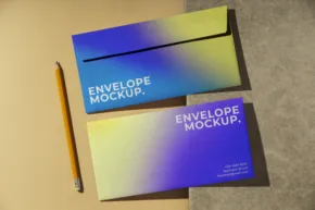 A yellow and blue envelope template with a pencil next to it. - PSD Mockup