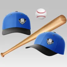 A baseball bat, ball, and hat mockup on a white background. - PSD Mockup