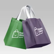 Two shopping bags with the word happy shop on them, mockup. - PSD Mockup