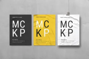 Three business cards with the mockup of the word mck kp on them. - PSD Mockup
