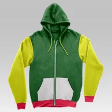 A green, yellow and red mockup hoodie template with a hood. - PSD Mockup