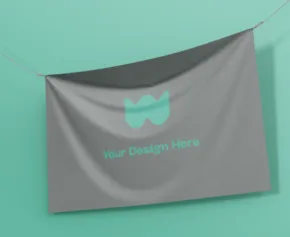 A logo mockup hanging on a clothesline is displayed on a banner. - PSD Mockup