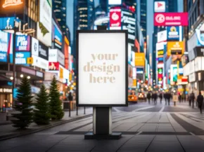 A mockup template of a billboard in the middle of a city at night. - PSD Mockup