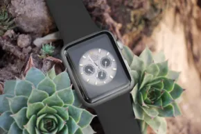 A black apple watch surrounded by succulents makes for an attractive template. - PSD Mockup