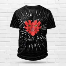 A black t-shirt with a red heart, ideal for a template design. - PSD Mockup