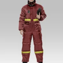A mockup of a man wearing a red fire suit template. - PSD Mockup