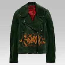 A green biker jacket template with graffiti on it. - PSD Mockup