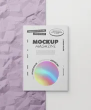 A template showcasing a magazine on a purple background. - PSD Mockup
