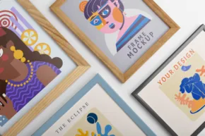 A group of colorful framed prints on a wall, perfect for a mockup or template. - PSD Mockup