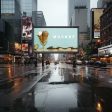A billboard template in the rain on a city street. - PSD Mockup