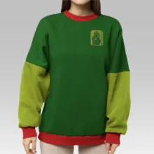 A woman wearing a green and red sweater template. - PSD Mockup